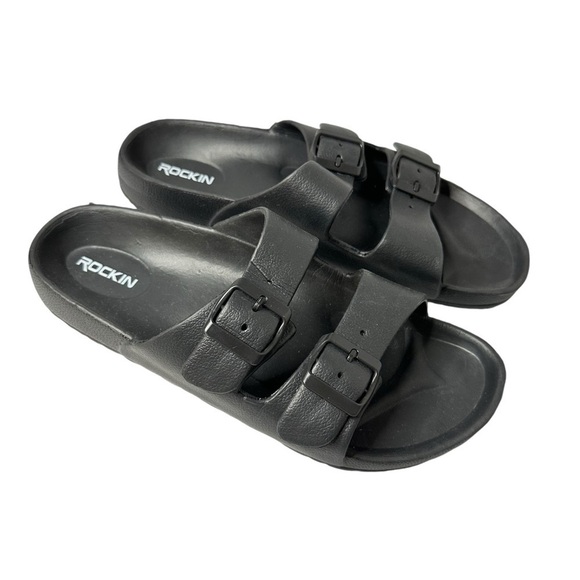 Rockin Huntington Buckle Slides Adjustable Black Rubber Unisex Size 42 US 11W 9M - Picture 2 of 9